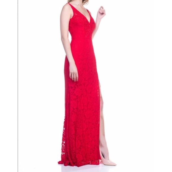 Maniju Lace Sleeveless High Slit V-Neck Maxi Gown Red Size Large NWT - Picture 2 of 6